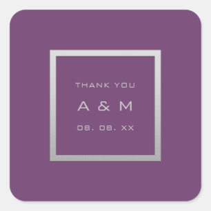 Monogram Thank Grey Frame Silver Wedding Purple Square Sticker