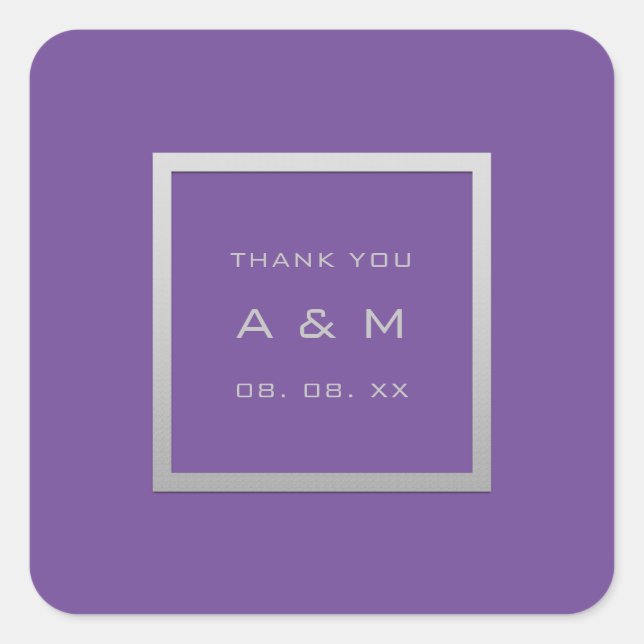 Monogram Thank Grey Frame Silver Wedding Purple Square Sticker (Front)