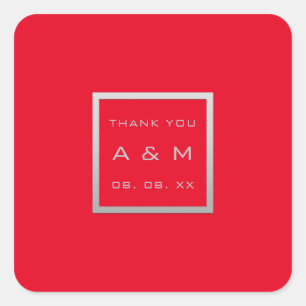 Monogram Thank Grey Frame Silver Wedding Red Square Sticker