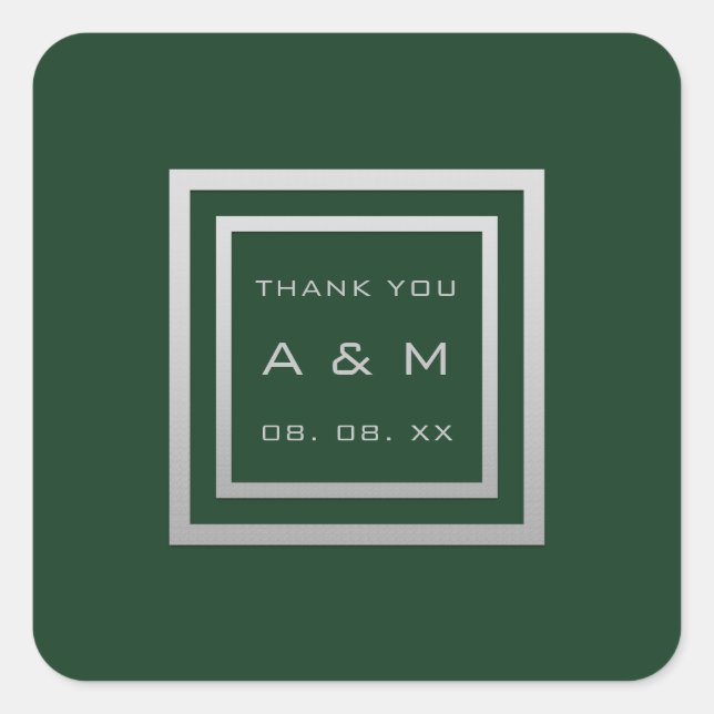 Monogram Thank Grey Frame Silver Wedding Woodland Square Sticker (Front)