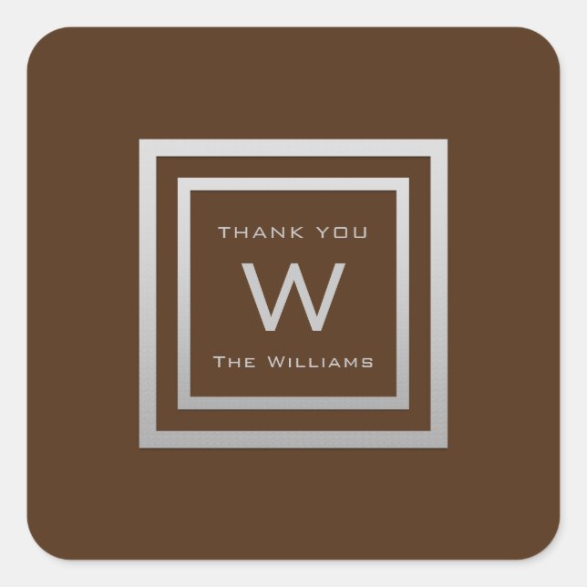 Monogram Thank Grey Silver Frame VIP Wedding Brown Square Sticker (Front)