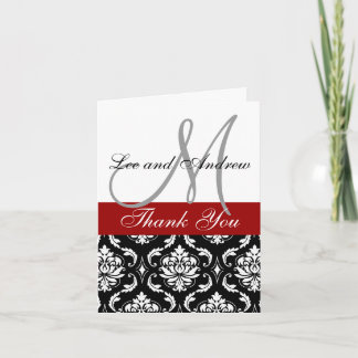 Monogram Thank You Card Damask Hot Red