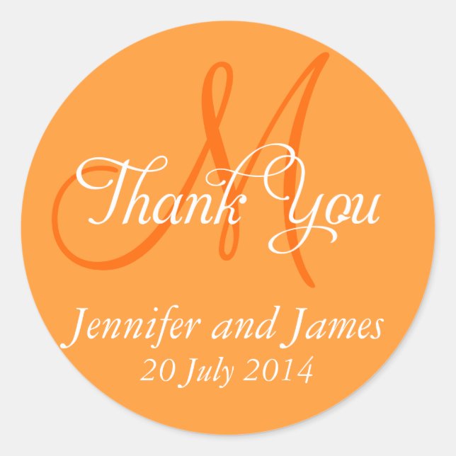 Monogram Thank You Wedding Favour Stickers Orange (Front)