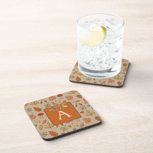 Monogram Thanksgiving Fall Leaves Coaster (Right Side)