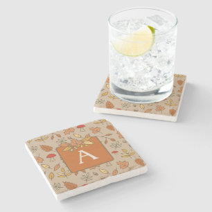 Monogram Thanksgiving Fall Leaves Stone Coaster