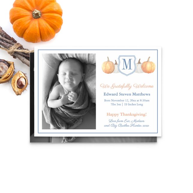 Monogram Thanksgiving Grateful Adoption Baby Birth Announcement (Monogram White And Orange Pumpkins Birth Or Adoption Announcement Cards)