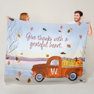 Monogram Thanksgiving Orange Truck Pumpkins Leaves Fleece Blanket