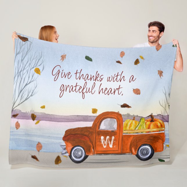 Monogram Thanksgiving Orange Truck Pumpkins Leaves Fleece Blanket (In Situ)