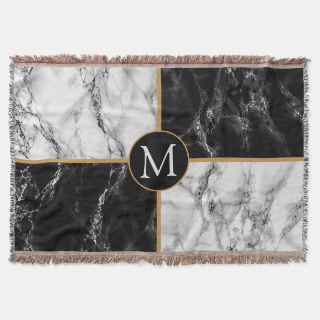 Monogram Throw Blanket Black White Check Marble (Front)