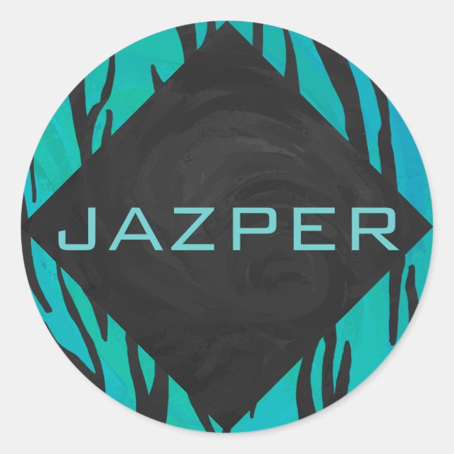 Monogram Tiger Black and Teal Print Pattern Classic Round Sticker (Front)