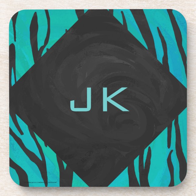 Monogram Tiger Black and Teal Print Pattern Coaster (Front)