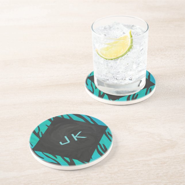 Monogram Tiger Black and Teal Print Pattern Coaster (Side)