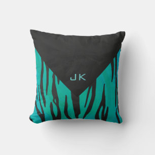 Monogram Tiger Black and Teal Print Pattern Cushion