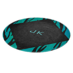 Monogram Tiger Black and Teal Print Pattern Cutting Board