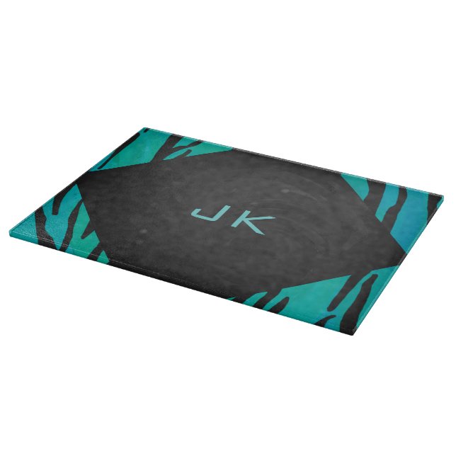 Monogram Tiger Black and Teal Print Pattern Cutting Board (Corner)