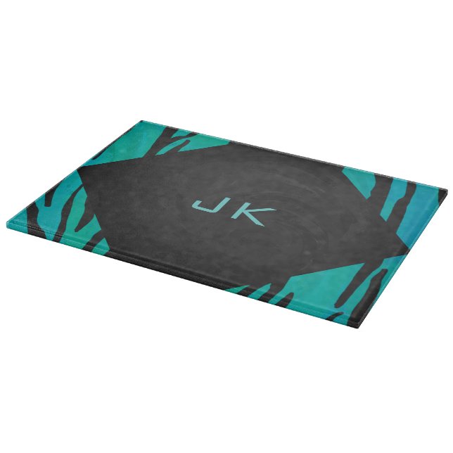 Monogram Tiger Black and Teal Print Pattern Cutting Board (Corner)