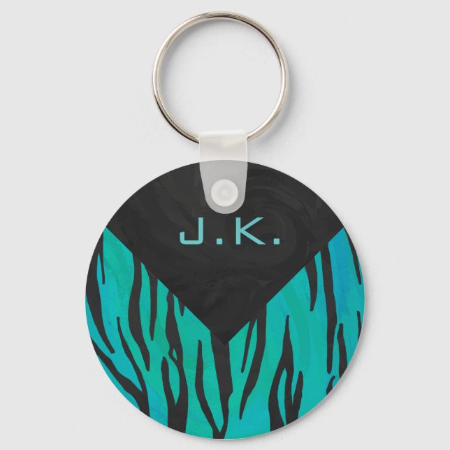 Monogram Tiger Black and Teal Print Pattern Key Ring (Front)