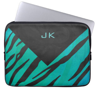 Monogram Tiger Black and Teal Print Pattern Laptop Sleeve