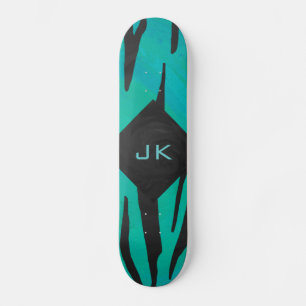 Monogram Tiger Black and Teal Print Pattern Skateboard