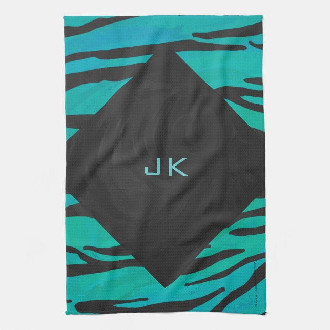 Monogram Tiger Black and Teal Print Pattern Tea Towel (Vertical)