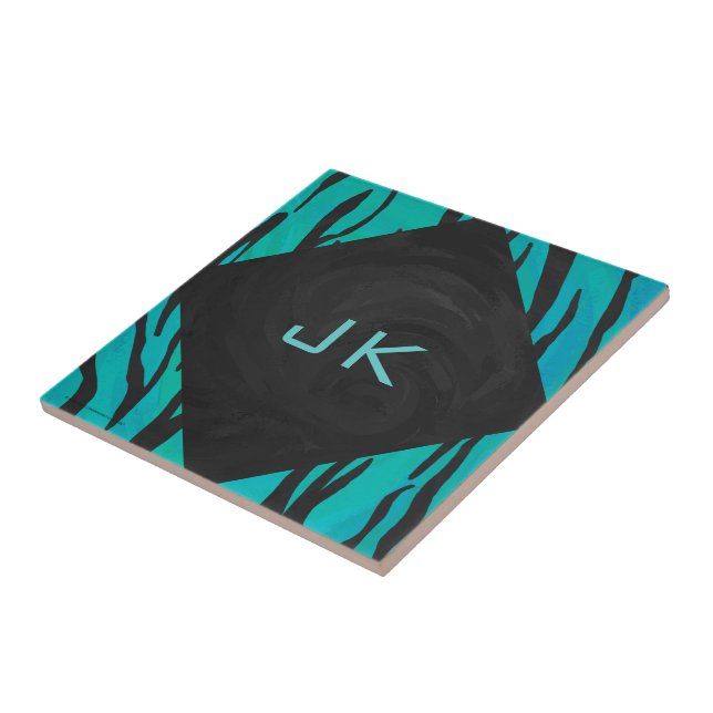 Monogram Tiger Black and Teal Print Pattern Tile (Side)