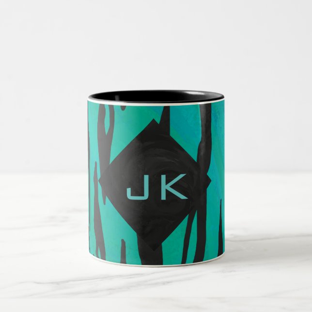 Monogram Tiger Black and Teal Print Pattern Two-Tone Coffee Mug (Center)