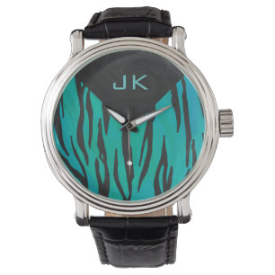 Monogram Tiger Black and Teal Print Pattern Watch