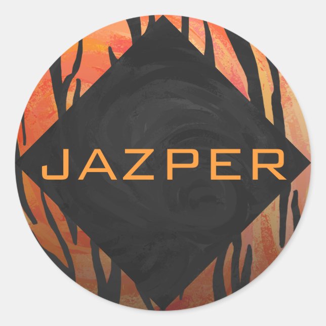 Monogram Tiger Hot Orange and Black Print Pattern Classic Round Sticker (Front)