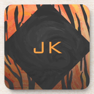 Monogram Tiger Hot Orange and Black Print Pattern Coaster