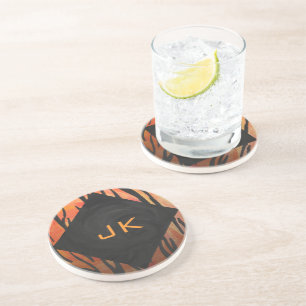 Monogram Tiger Hot Orange and Black Print Pattern Coaster