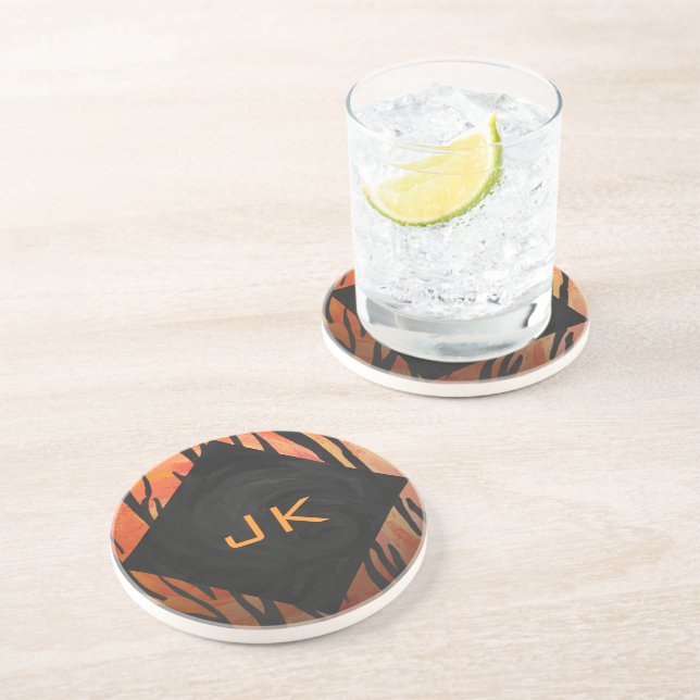 Monogram Tiger Hot Orange and Black Print Pattern Coaster (Side)