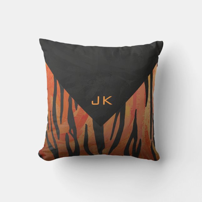 Monogram Tiger Hot Orange and Black Print Pattern Cushion (Front)