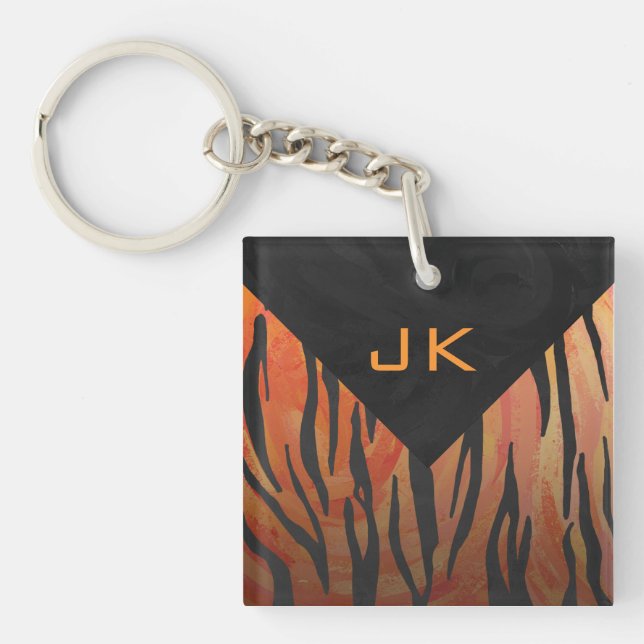 Monogram Tiger Hot Orange and Black Print Pattern Key Ring (Front)
