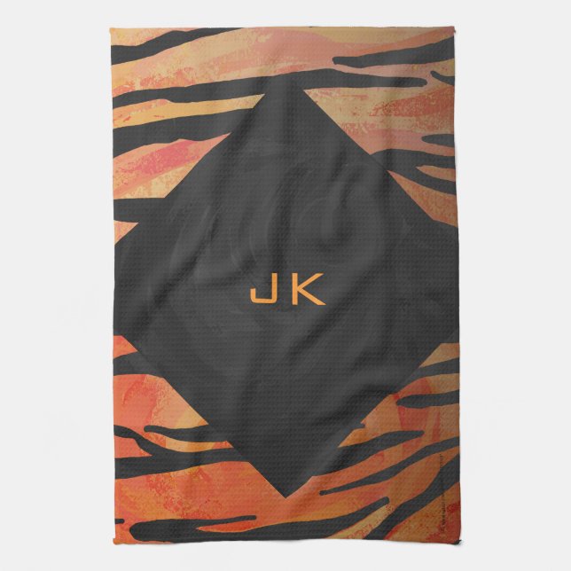 Monogram Tiger Hot Orange and Black Print Pattern Tea Towel (Vertical)