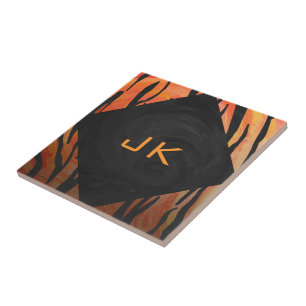 Monogram Tiger Hot Orange and Black Print Pattern Tile