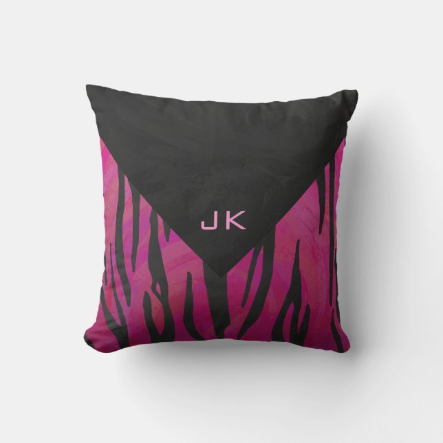 Monogram Tiger Hot Pink and Black Print Pattern Cushion (Front)