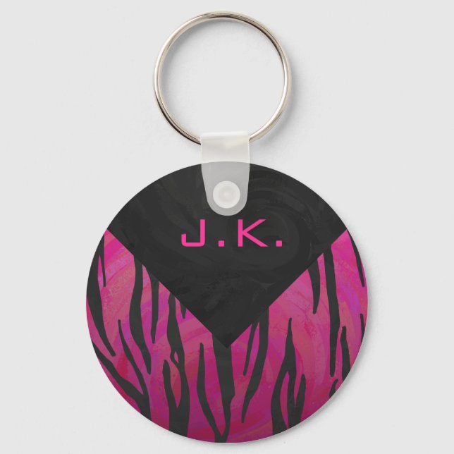 Monogram Tiger Hot Pink and Black Print Pattern Key Ring (Front)