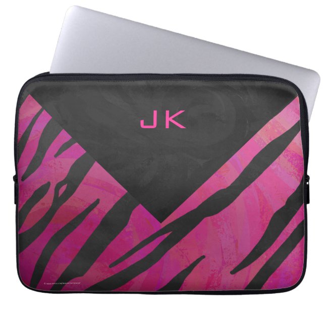 Monogram Tiger Hot Pink and Black Print Pattern Laptop Sleeve (Front)