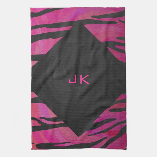 Monogram Tiger Hot Pink and Black Print Pattern Tea Towel (Vertical)