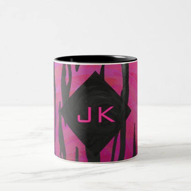 Monogram Tiger Hot Pink and Black Print Pattern Two-Tone Coffee Mug (Center)