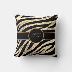 Monogram Tiger Stripe Golden Glitter Sparkle Girly Cushion