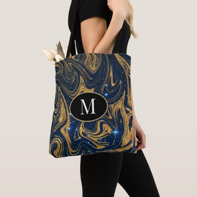 Monogram Tote Bag Gold Glitter On Night Background (Close Up)