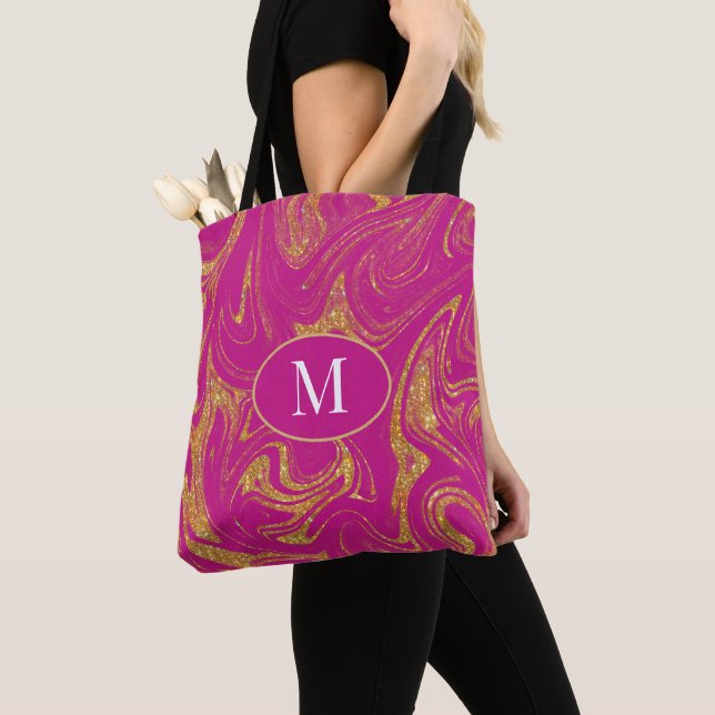 Monogram Tote Bag Gold Glitter Violet Background (Close Up)