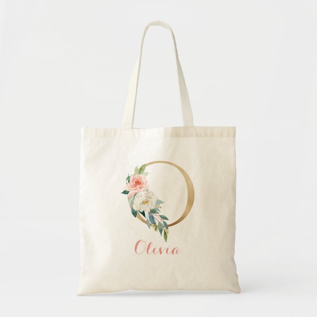 Monogram Tote Bag, Letter "O" Floral Gold Blush (Front)