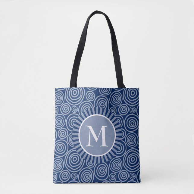 Monogram Tote Bag Navy Blue White Spirals (Front)