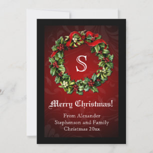 Monogram Traditional Red Christmas Wreath Invitation