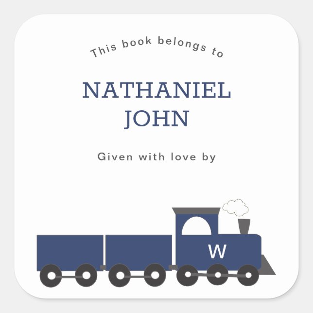 Monogram Train Boy Baby Shower Bookplate Square Sticker (Front)