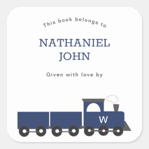 Monogram Train Boy Baby Shower Bookplate Square Sticker