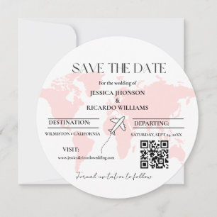 Monogram travel wedding theme save the date round invitation