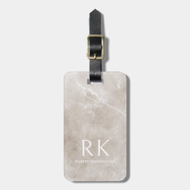 Monogram Travertine Background Modern Travel Luggage Tag (Front Vertical)